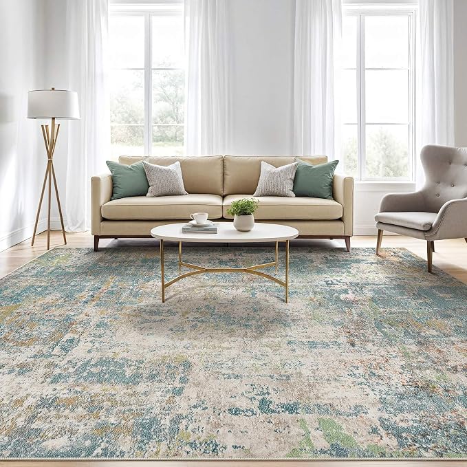 7x9 Area Rug Living Room: Washable Large Abstract Neutral Modern Soft Rugs Stain Resistant Indoor Floor Non-Slip Accent Carpet for Bedroom Nursery Playroom Office Dining Room Home Decor- Teal
