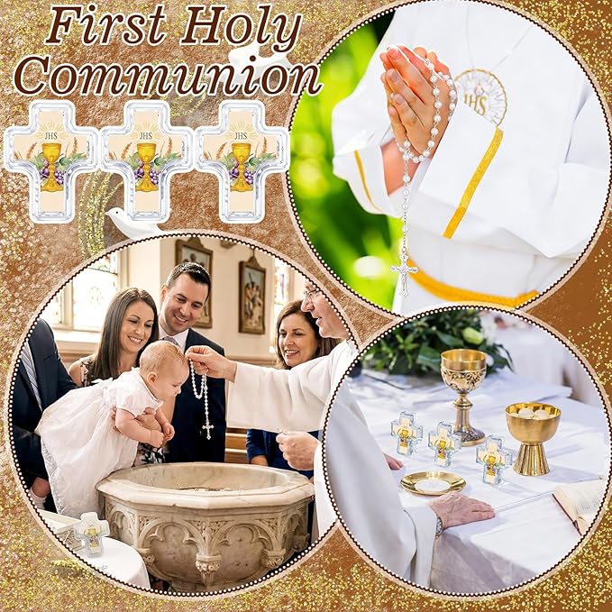 Cunno 12 Set First Holy Communion Bead Rosary Cross Necklace for Baptism First Communion Gifts Scented with Cross Shape Box for Guest Catholic Religious Rosary Baptism Party Primera Comunión (White)