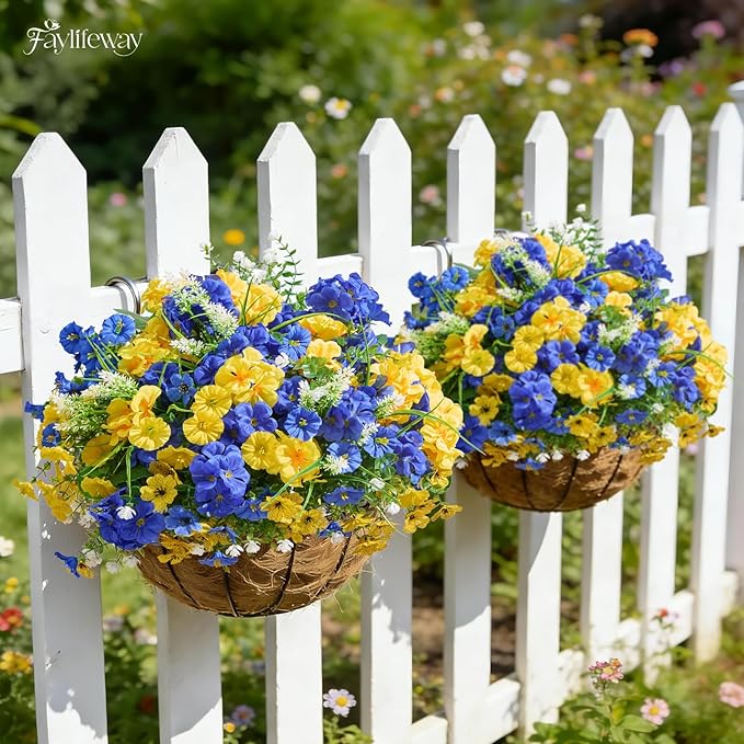 16 Bundles Artificial Flowers for Outdoors, UV Resistant Silk Faux Flowers for Outside Planters,Garden,Porch,Patio,Yard,Home Decor(Blue&Yellow)