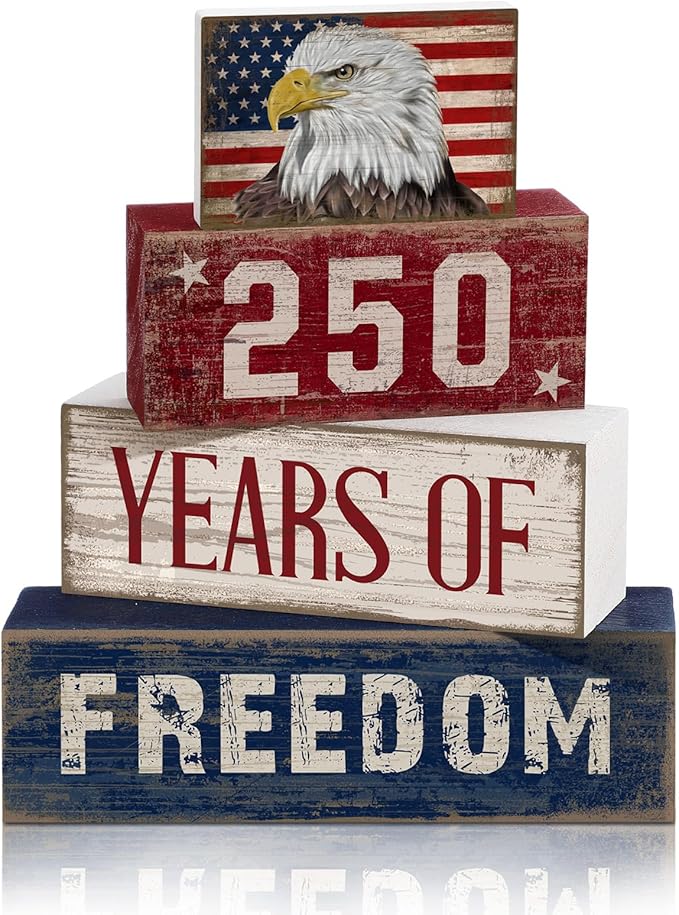 4 Pcs 250th Anniversary 4th of July Decorations USA Patriotic Memorial Day Tabletop Decorations Eagle Red White Blue Table Centerpieces American Flag Sign for Office Tiered Tray Home Shelf Party