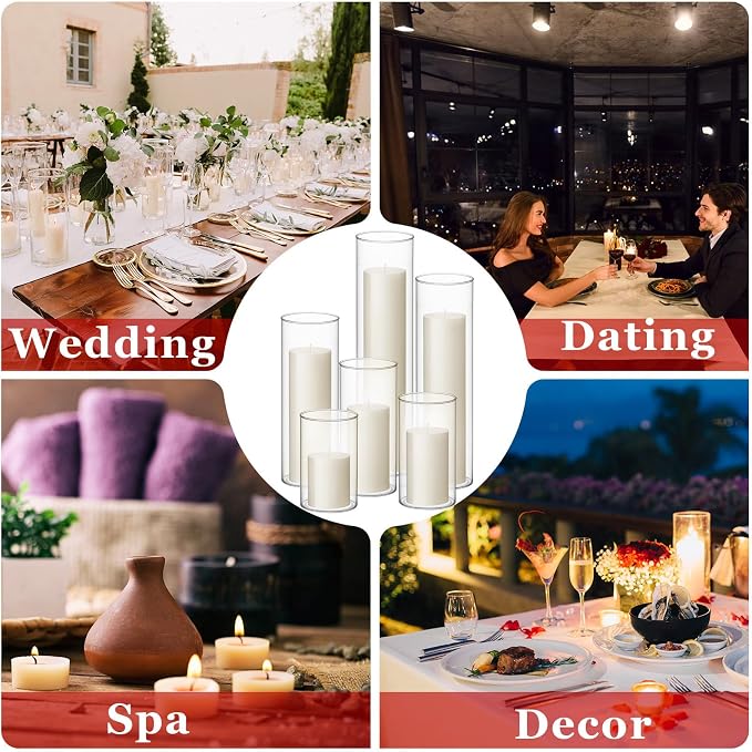 Shihanee Set of 6 Pillar Candles and Glass Cylinder Vases Assorted Sizes Cylinder Holders for Pillar Candles Home Table Centerpieces Wedding Party Decorations (Ivory)