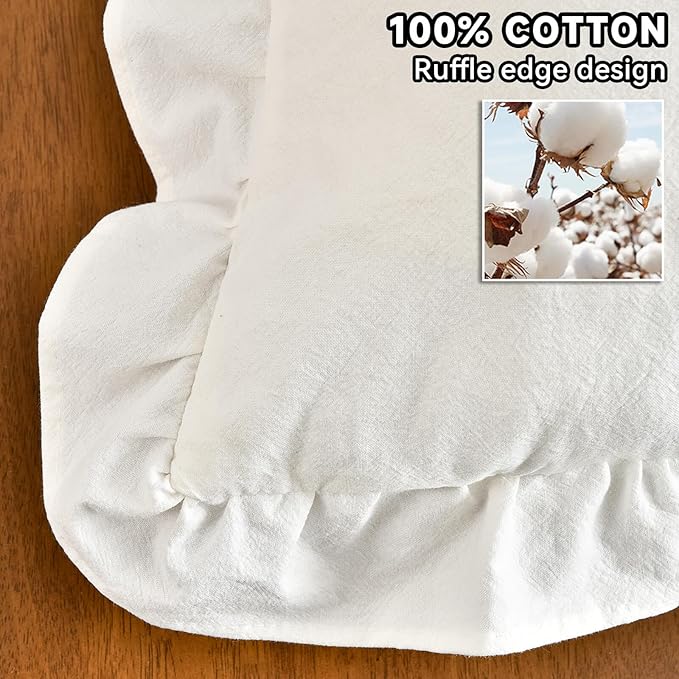 AmHoo Pack of 2 Throw Pillow Covers 100% Cotton Pre Washed Ruffle Decorative Pillowcase Cushion for Couch Sofa Bedroom 18 x 18-Inch Cream White