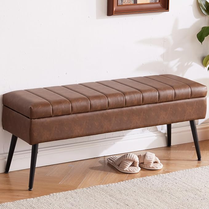Storage Ottoman Bench Bed, 43.5" Faux Leather Upholstered Entryway Bench, Long Ottoman with Storage for Living Room, Support 660lbs - Retro Brown