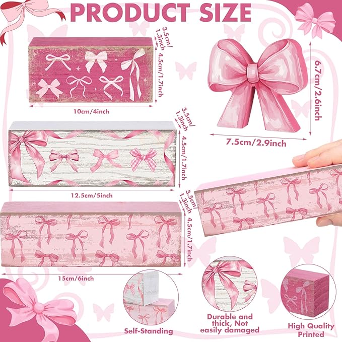 Conelist 4 Pcs Pink Bow Room Decoration Galentines Coquette Gift Pink Bow Block Sign Centerpiece for Table Gift for Teen Girl Birthday Bachelorette Bridal Wedding Baby Shower Valentines Party Supplies