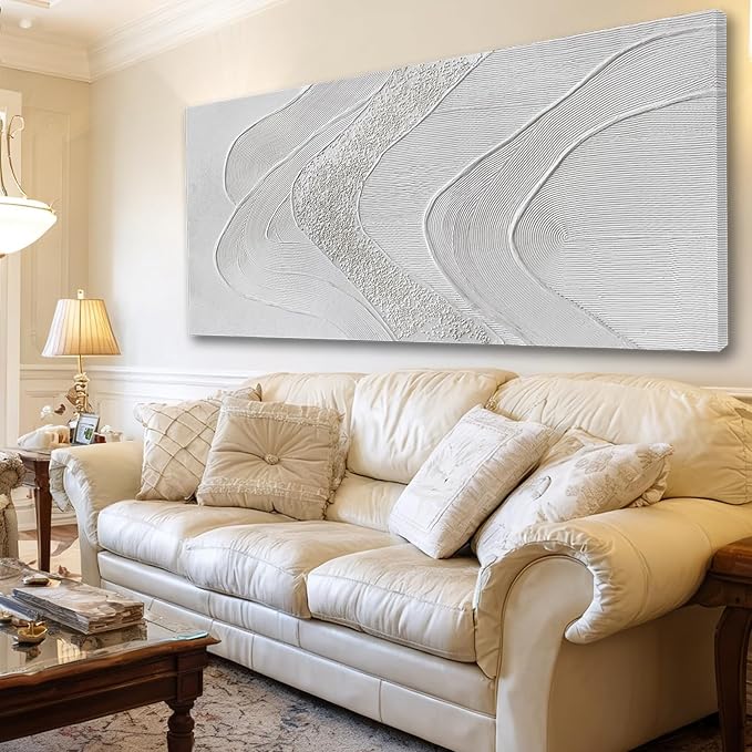 ZUNARE Large Abstract Wall Art, Textured White Canvas Painting in Neutral Cream and Sand Tones, Oversized Modern Statement Wall Decor for Living Room Bedroom Office, Ready to Hang, 29×58 Inch