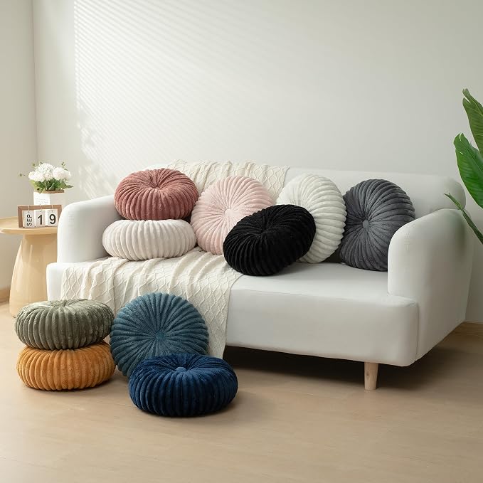 HIG Decorative Round Throw Pillows for Bed Couch -Set of 2 Handcraft Ruched Pumpkin Pillow, Soft and Durable Flannel Floor Pillow for Home Decor, Bed Living Room and Sofa (Navy,14.5"x14.5")