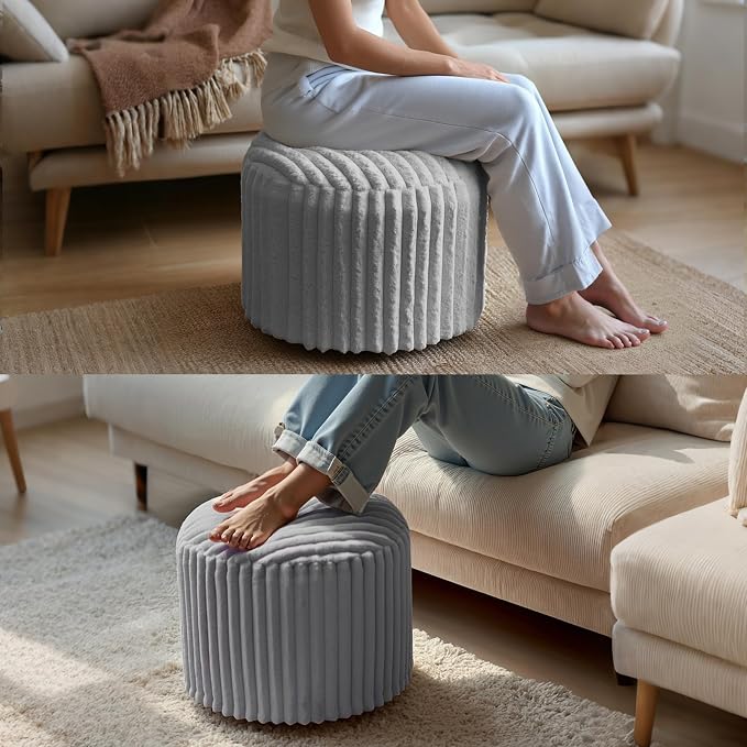 Round Stuffed Pouf Ottoman, Stripe Faux Fur Footrest, Solid Block Support+Soft Cushion Comfort, Removable Washable Cover, 20" Floor Pouf for Living Room Bedroom Dorm Vanity Under Desk, Gray