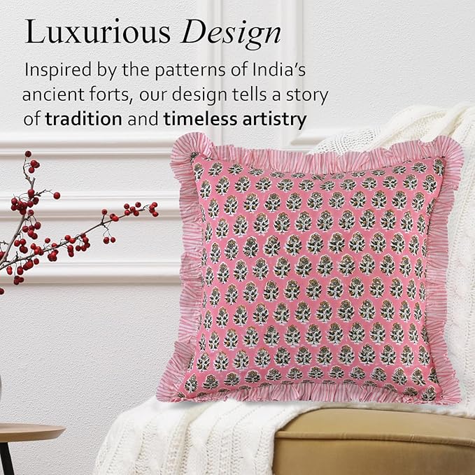 CPC Poppy Pink Ruffle Throw Pillow Covers for Couch, 24x24 Inch Cotton Stripe Ruffle Couch Pillows for Living Room, Hidden 20 Inch Zipper Boho Pillow Case or Cute Outdoor Pillows