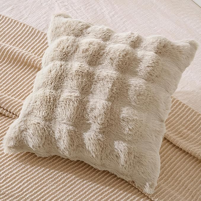 AmHoo Pack of 2 Throw Pillow Covers 3D Dense Faux Rabbit Fur Cozy Super Soft Fuzzy Set Case Cushion for Couch Sofa Bedroom 18 x 18-Inch Oatmeal