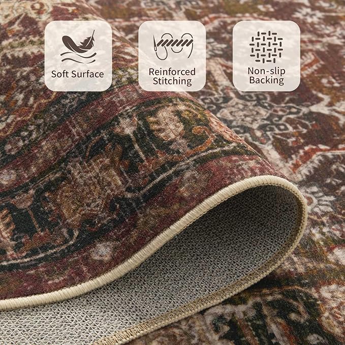 Rugxara 6x9 Area Rugs for Living Room Bedroom, Large Washable Christmas Rug, Vintage Oriental Boho Rug, Non Slip & Low Pile Faux Wool Thin Carpet for Indoor Dining Room, Classroom Dorm and Kids Room