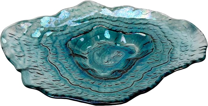Oyster Shell Decorative Plate, 13 Inch Sea Blue Iridescent Glass | Wide Freeform Shell Form, Wavy Uneven Edges, Glossy Multitone Finish, Sits Flat for Tabletop Display