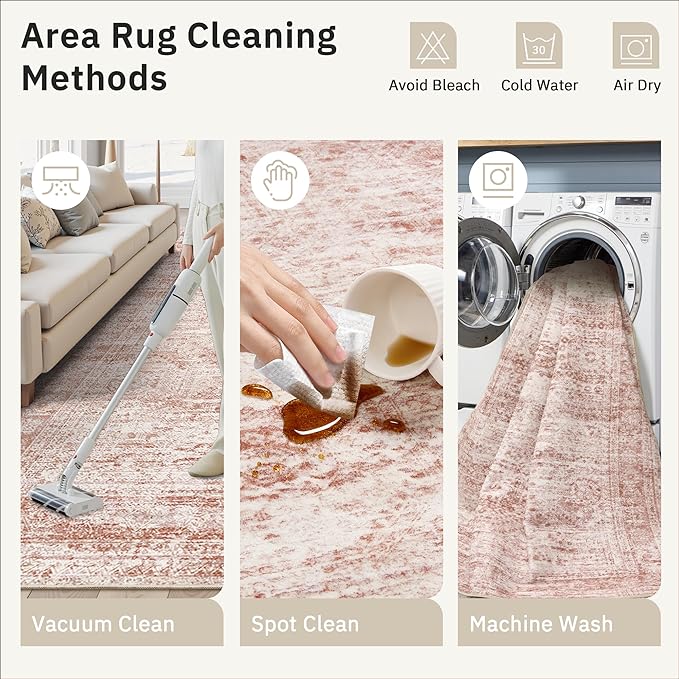 Soalmost Washable Area Rug 8x10, Large Soft Rugs for Living Room Vintage Area Rugs for Bedroom Dining Room Non-Slip Stain Resistant Pink Under Table Rug