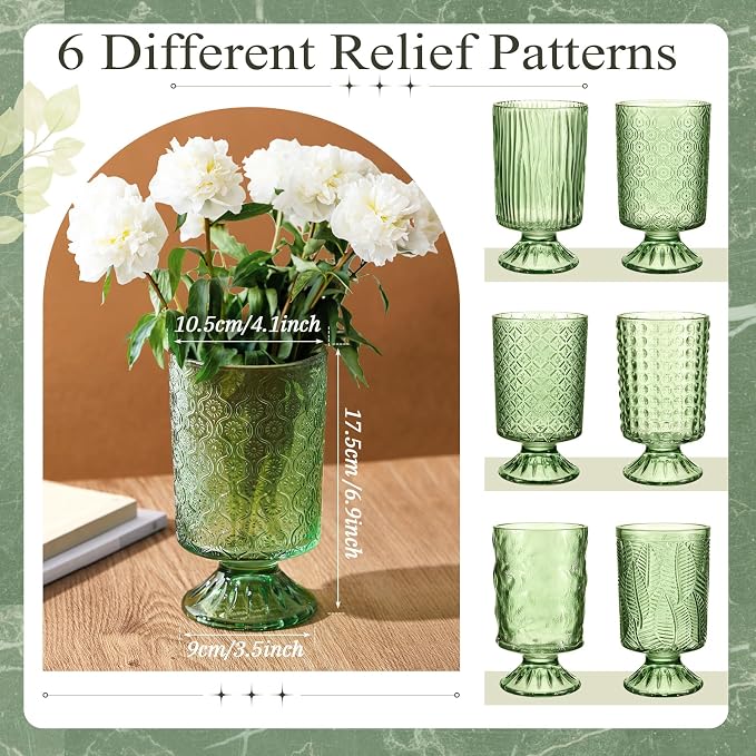 6 Pcs (H: 7" W: 4") Embossed Flower Vase Pedestal Glass Vase Big Base Thickened Crystal Vintage Vases for Wedding Party Home Decor Table Centerpiece House Warming Gifts (Green,Classic)