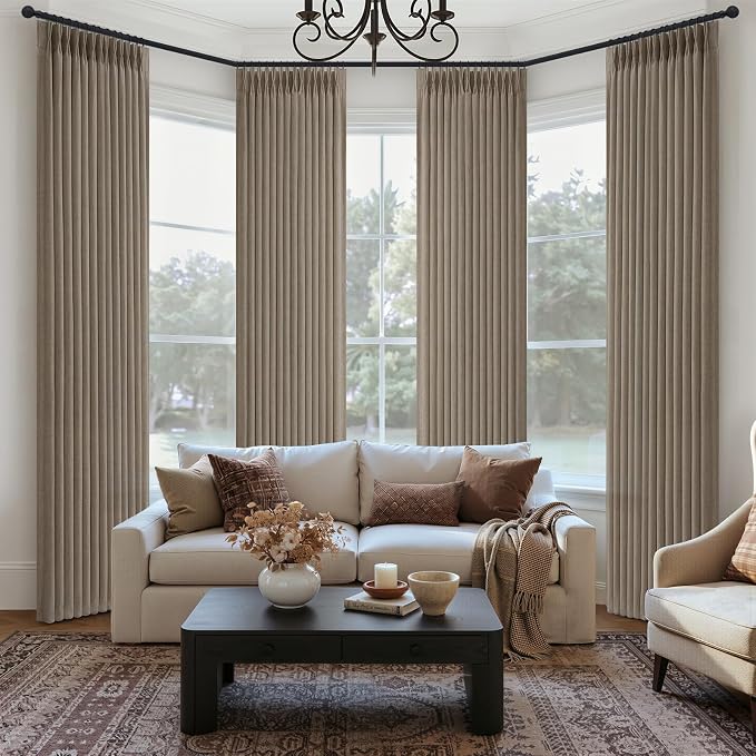 Thick Linen Dark Flax Semi Sheer Curtains 84 Inches Long for Bedroom 4 Panels Set, Memory Shape Pleated Light Filtering Living Room Viral Curtain Brown Colored Privacy Rustic Window Drapes 7FT Length