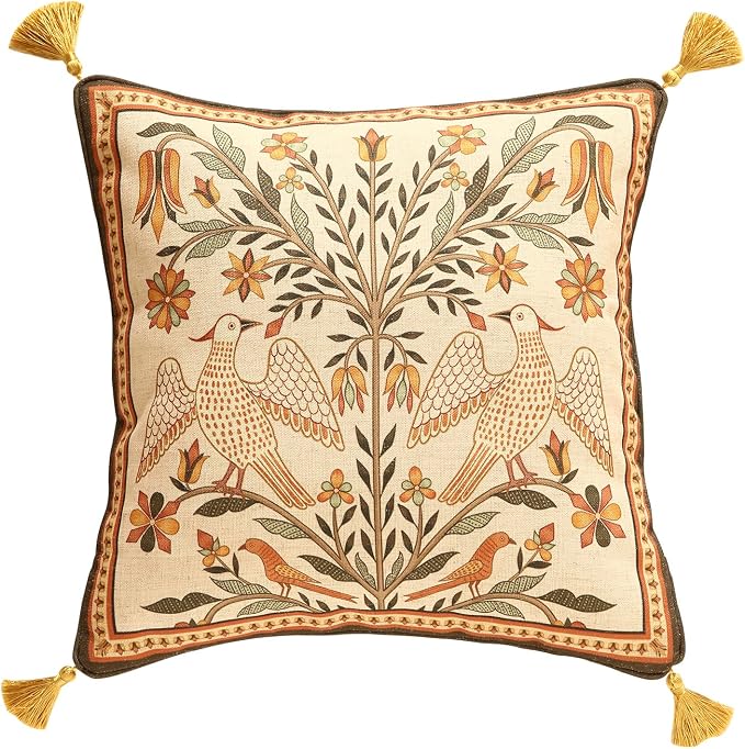 bilin gaier Designer French Linen Throw Pillow Cover,18"x18"-Seville A | Vintage Elegant Square Pillow Cover,Concealed Zipper,Floral and Bird Pattern,Sofa,Bedroom,Living Room,Lounge Chair