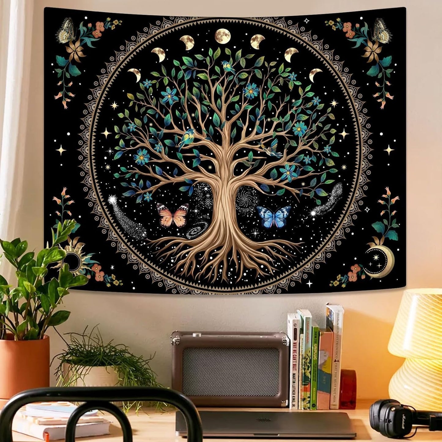 Lunerfex Tree of Life Tapastry Sun and Moon Tapastry Flower Boho Tree Mandala Wall Hanging for Bedroom and Living Room Decor Green Tree 70×90 Inches