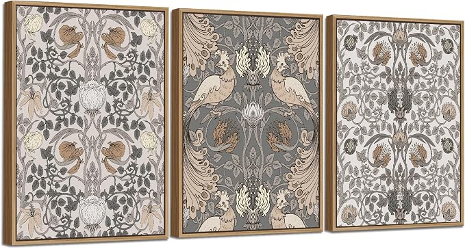 Large Retro Framed Wall Art - Natural Float Framed Vintage Flowers Canvas William Morris Painting Pictures Rustic Floral Pattern Prints Artwork for Living Room Bedroom Office Decor 60" X 28" Set of 3