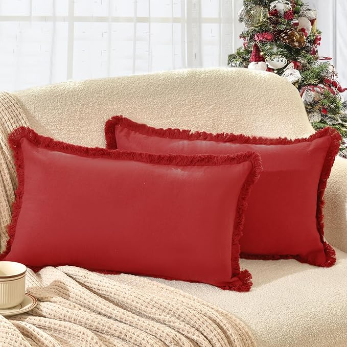 ZWJD Red Pillow Covers 12x20 Set of 2 Throw Pillows with Fringe, Chic Cotton Decorative Square Cushion Covers for Sofa, Couch, Bed, Living Room, Farmhouse, Boho Decor