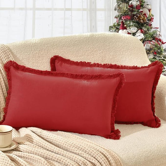 ZWJD Red Pillow Covers 12x20 Set of 2 Throw Pillows with Fringe, Chic Cotton Decorative Square Cushion Covers for Sofa, Couch, Bed, Living Room, Farmhouse, Boho Decor