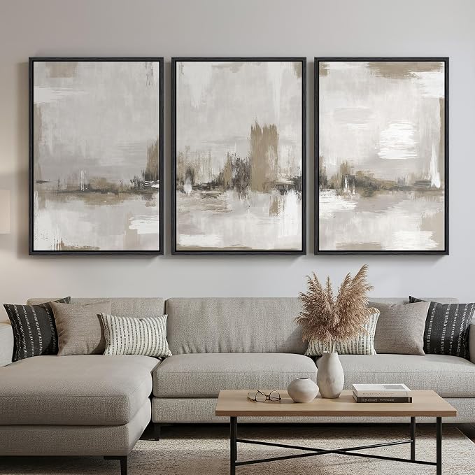 Large Framed Neutral Abstract Wall Art for Living Room, 3 Piece Gray Beige Canvas Artwork for Walls, Modern Minimalist Abstract Prints Paintings Pictures for Hallway Home Office Wall Decor, 24x36 In