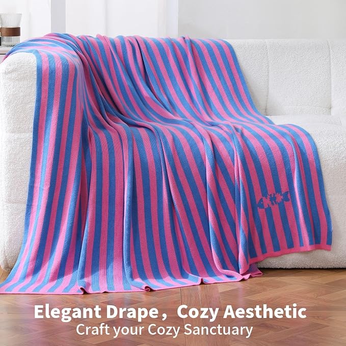 BOV Knitted Throw Blanket - 100% Viscose Super Soft Breathable Comfy Decorative Throw Blanket for Chair Couch Sofa Bed, Perfect Self Care Gifts for Women, Fuchsia & Azure Stripe 50"x60"