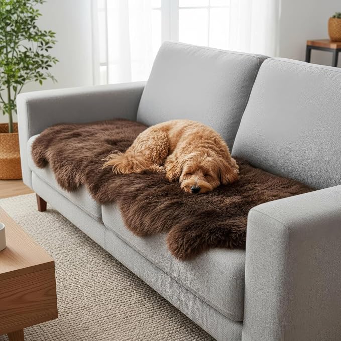 Natural & Genuine Dark Brown Sheepskin Rug, Real Fluffy Double Pelt 2x6 ft Fur Area Rug for Bedroom & Living Room Decor, Soft & Cozy Sheep Skin Throw