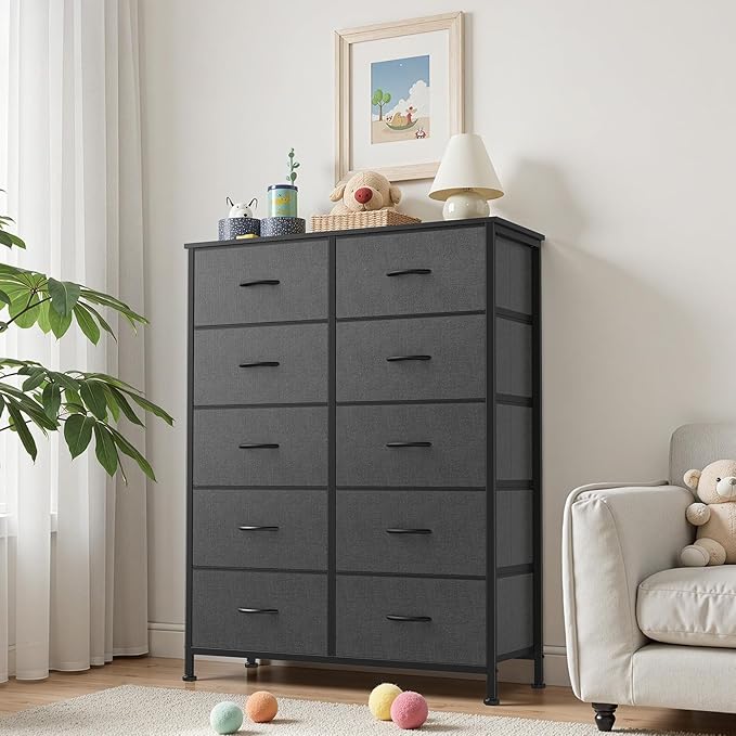 Sweetcrispy 10 Drawer Dresser, Tall Fabric Dresser for Bedroom, Storage Tower with Bins Chest Organizer Unit for Closet, Hallway, Steel Frame Wood Top, Easy Pull Handle, Grey