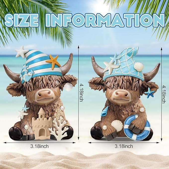 Karenhi 2 Pcs Summer Ocean Highland Cow Figurines, Nautical Resin Cow Decor with Anchor, Starfish, Shell and Coral, Coastal Farmhouse Beach Figurines for Home Table Shelf Decoration
