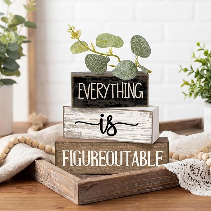 Lineshading 4 Pcs Inspirational Farmhouse Table Decor Everything Is Figureoutable Stacked Wooden Block Signs with Inspirational Quote Eucalyptus Leaves for Home, Living Room, Shelf Housewarming Gift