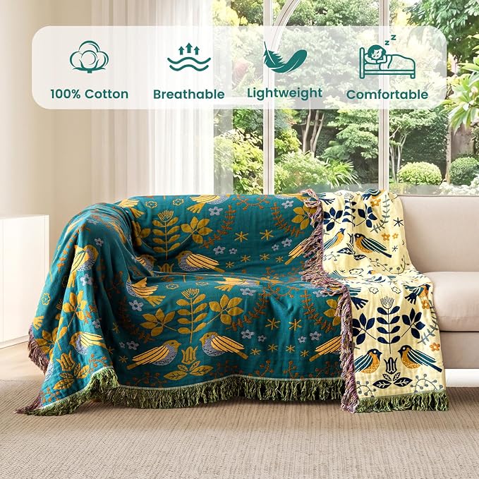 MSGKV Boho Throw Blanket 50"x60" Cotton Blanket for Couch and Sofa Cover for Living Room Summer Throw Decorative Woven Bird Blankets