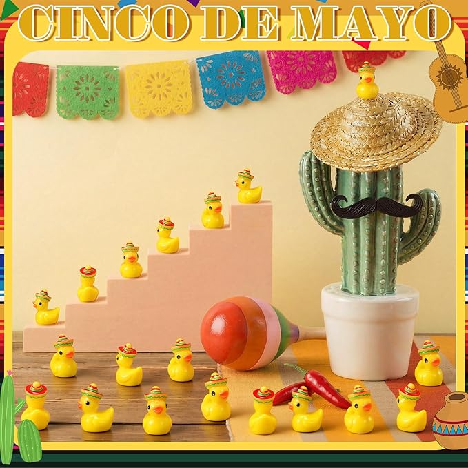 Halloscume 50 Pcs Mini Resin Mexican Ducks Decoration Tiny Duck Miniature with Mexican Hat Small Resin Animals Figures Landscape Decor for Home Office Car Decor Festive Gift