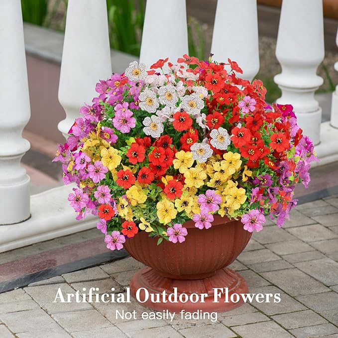 MERIXMAS 24 Bundles Artificial Flowers for Outdoors Decorations, Fake Flowers Artificial Plants Outdoor, Colorful Daisy Eucalyptus Realistic UV Resistant for Garden Patio Porch Home Decor