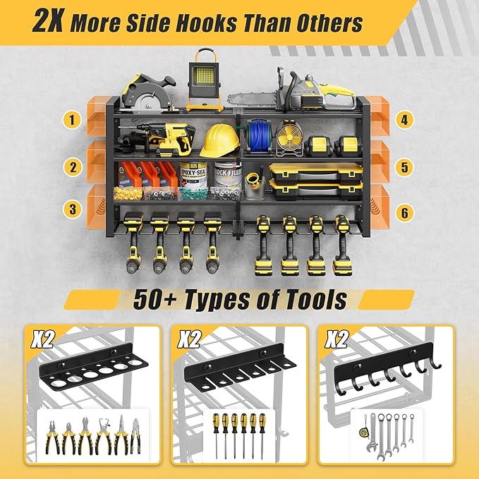 Jusgym Power Tool Organizer Wall Mount |450lbs Garage Storage Rack with 8 Cordless Drill Holder |4-Tier 32''W Heavy Duty Tool Storage Rack for Garage Organization |Gift for Men