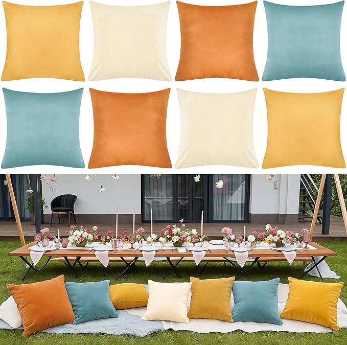 Berlune 8 Pcs Velvet Throw Pillow Covers 18" x 18" Decorative Cushion Cases Soft Pillowcase for Graduation Coquette Party Accessories Couch Sofa Bed Chair Home Decor, No Inserts (Boho Colors)
