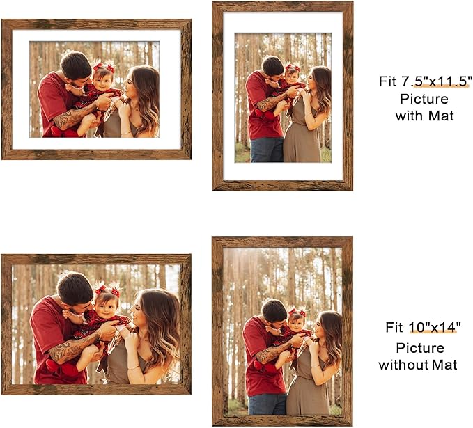 Picrit 10x14 Picture Frame Set of 12, Display 8x12 with Mat or 10x14 without Mat, Photo Frames for Wall Mounting or Table Top Display, Brown