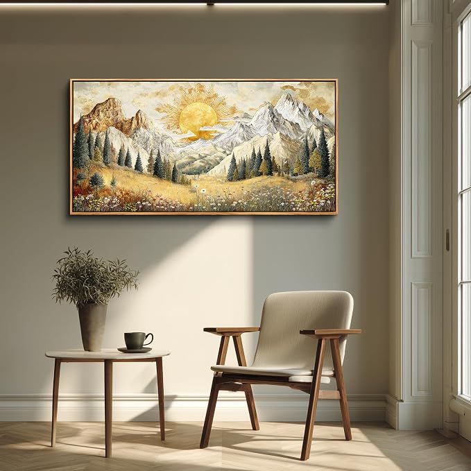 XIGUANGART Framed Canvas Wall Art Vintage Decor, Mountain Wall Art, Meadow with Flowers Forest Art, Modern Farmhouse Decor, Living Room Pictures paintings,Landscape Bedroom Office Decorations, 20"x40"