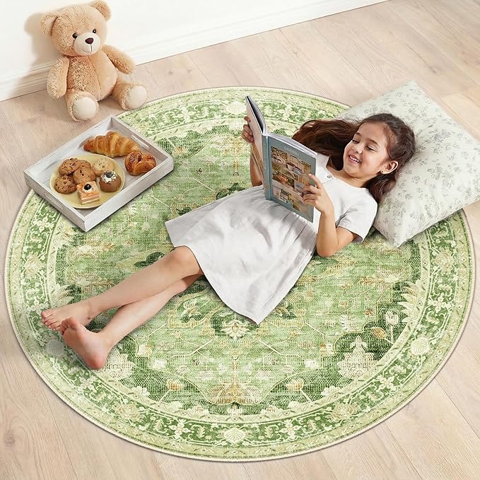 RELEANY Area Rugs 4ft Washable Non-Slip, Floral Vintage Distress Print Pattern Medallion Carpet for Living Room Bedroom Dining Room, Sage Green Yellow