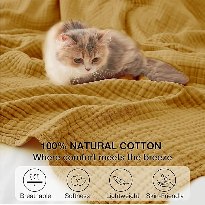 100% Cotton Muslin Blanket Queen 90" x 90", 6 Layers Breathable and Lightweight Cotton Throw Blankets for Bed, Soft Cooling Summer Gauze Blanket for Adults All Season, Mustard