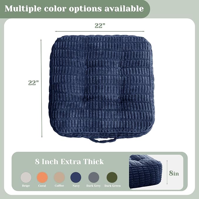 HIGOGOGO 8" Floor Pillow Cushion for Adults, Meditation Cushion Pillow, Blended Corduroy Cover, Large Square Floor Sitting for Tatami Living Room or Yoga, 2Pack, Navy