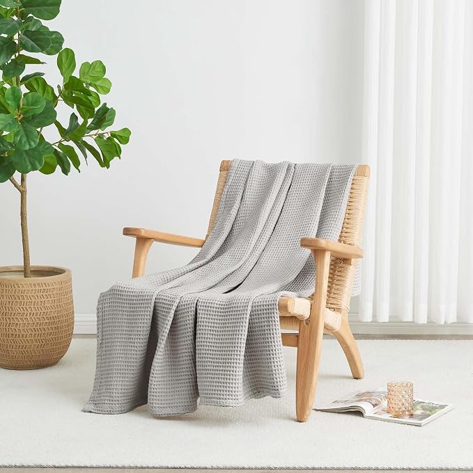 100% Cotton Light Grey Blanket King Size for Bed - Breathable and Soft, Waffle Weave for Summer Spring, 102x90 Inches