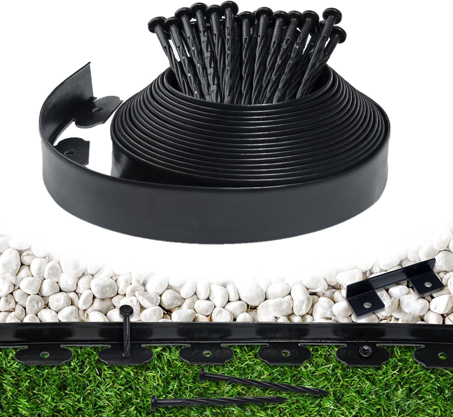 Landscape Edging Border 33 FT 2 Inch Tall with 60 Spikes, Plastic Edging for Landscaping, Garden Edging Border， Flower Bed, Paver and Lawn Edging Border, Black