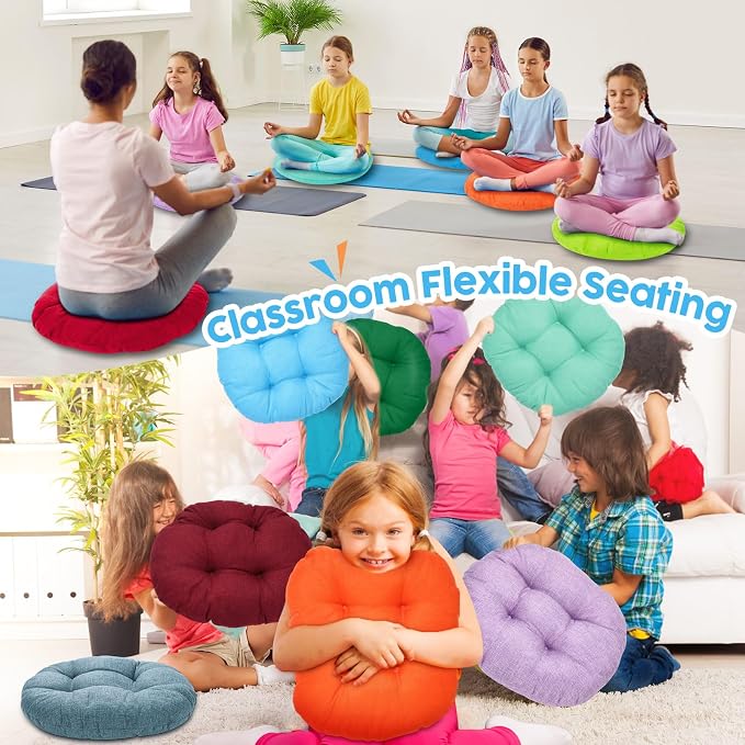 Fumete 30 Pcs 16 Inch Floor Cushions Pillow for Kids Bulk Classroom Round Flexible Seating Floor Cushions for Students Home Daycare School Reading Corner Yoga Meditation Picnic (Full-Color Blocking)
