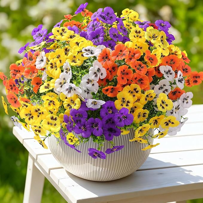 Alupssuc 48 Bundles Artificial Flowers for Outdoors, Fake Spring Flowers for Decoration, UV Resistant Realistic Pansies with Eucalyptus Silk Faux Flowers for Porch Yard, Purple Yellow White Orange