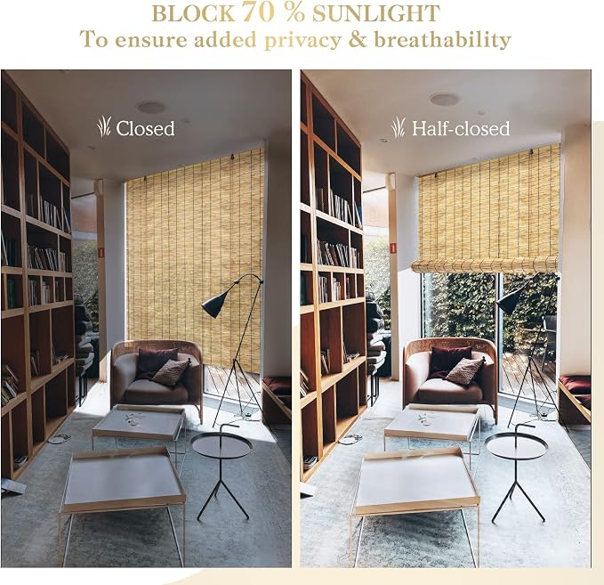 Bamboo Roll Up Shades 2 Pack, Reed Roller Blinds 47" W x 71" H, Natural Light Filtering Window Blinds for Indoor Outdoor Patio Porch Garden