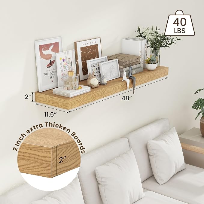 FLYJOE 48 Inch Floating Shelf, 12'' Deep Oak Shelf for Wall Set of 1 | 48'' x 12'' Rustic Wood Shelves for Farmhouse Living Room Bathroom Kitchen Laundry Room