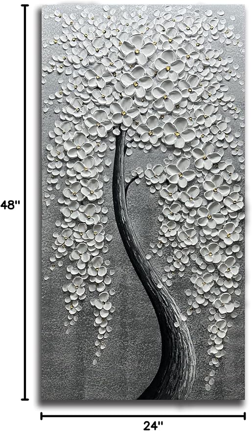 Yika Art Paintings - 24X48 Inch 3D White Flower Tree Wall Art Abstract Textured Knife Platte Acrylic Painting on Canvas 3D Flowers Tree Paintings Ready to hang