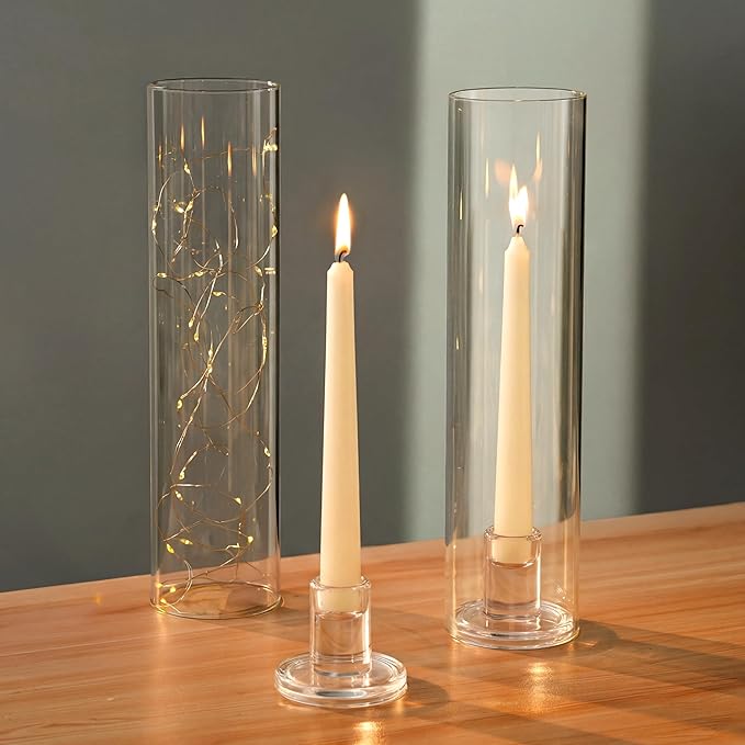 NUPTIO Hurricane Glass Candle Holders: Set of 2 Candlestick Holder with Cylinder Covers 11.8 inch Tall Windproof Clear Taper Candle Stand for Fall Thanksgiving Christmas Decor
