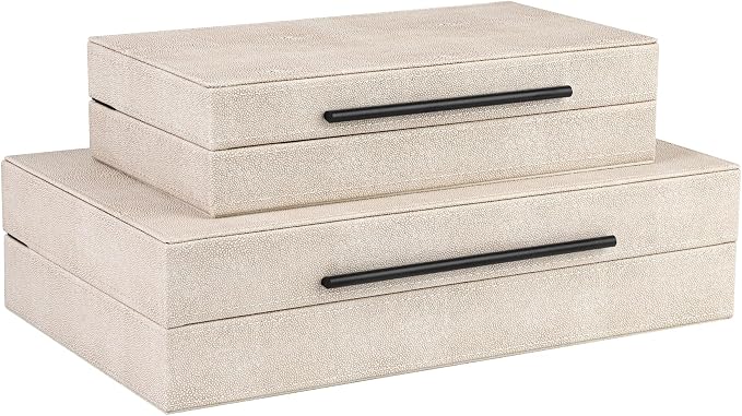 HofferRuffer Faux Leather Decorative Boxes Set of 2, Large Nesting Keepsake Box Accessory Organizer Jewelry Organizer with Hinged Lid, Stacking Storage Box Container (Light Grey+Black Handles)