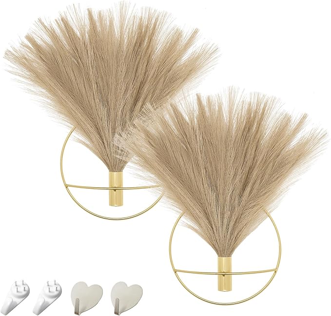 Pretty Jolly Boho Wall Decor, Wall-Mounted Metal Hanging Artificial Pampas Display, Art for Living Room, Bedroom, Bathroom, Dining Room, Plant Decor 2 Pack Gold