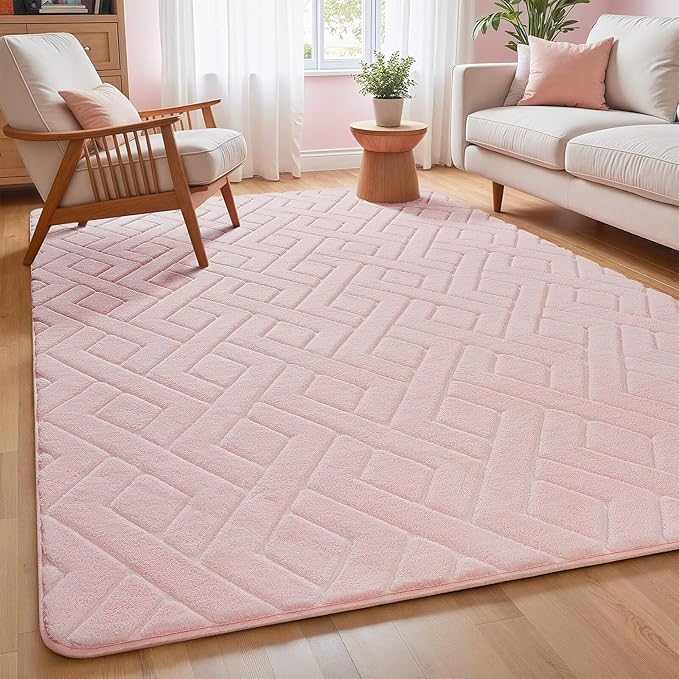 Macgace Ultra Soft Pink Area Rug for Living Room, 6x9 Modern Geometric Shag Rugs with Nonslip Backing for Bedroom, Washable Fuzzy Carpet for Cozy Kids Girls Room Nursery